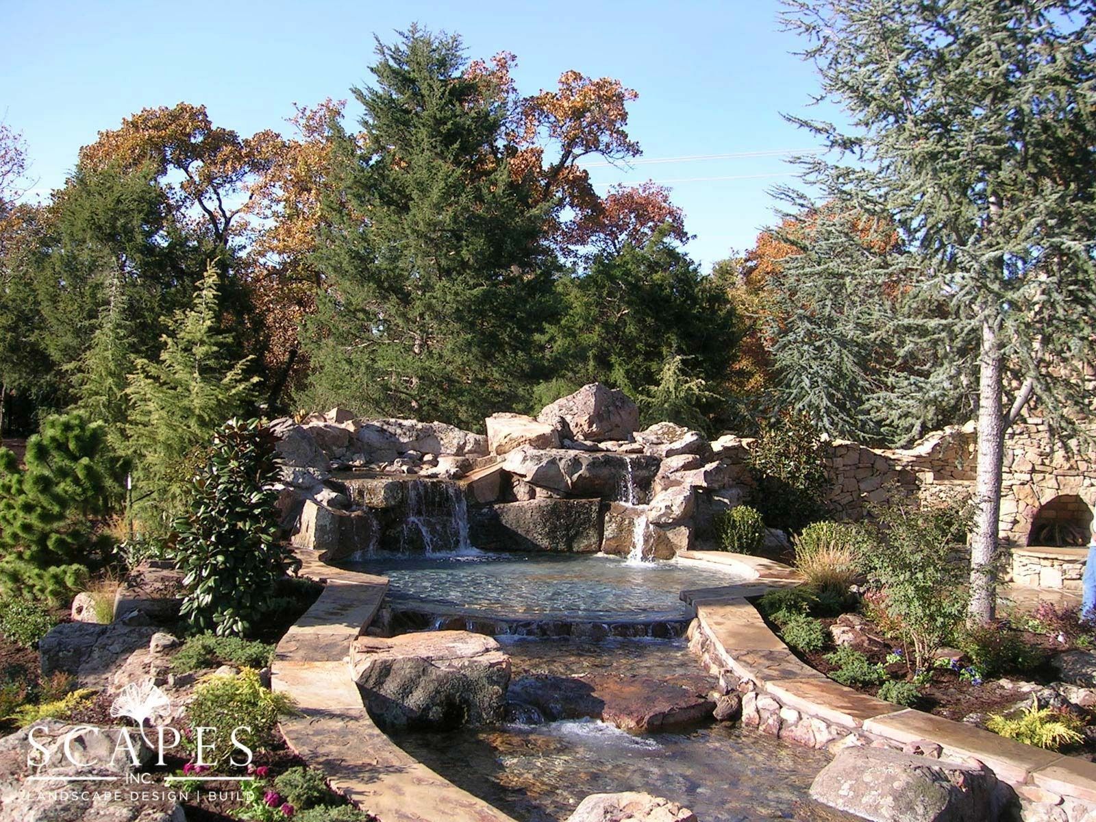 A small waterfall cascading into a pool, surrounded by rocks, greenery, and trees under a clear blue sky.