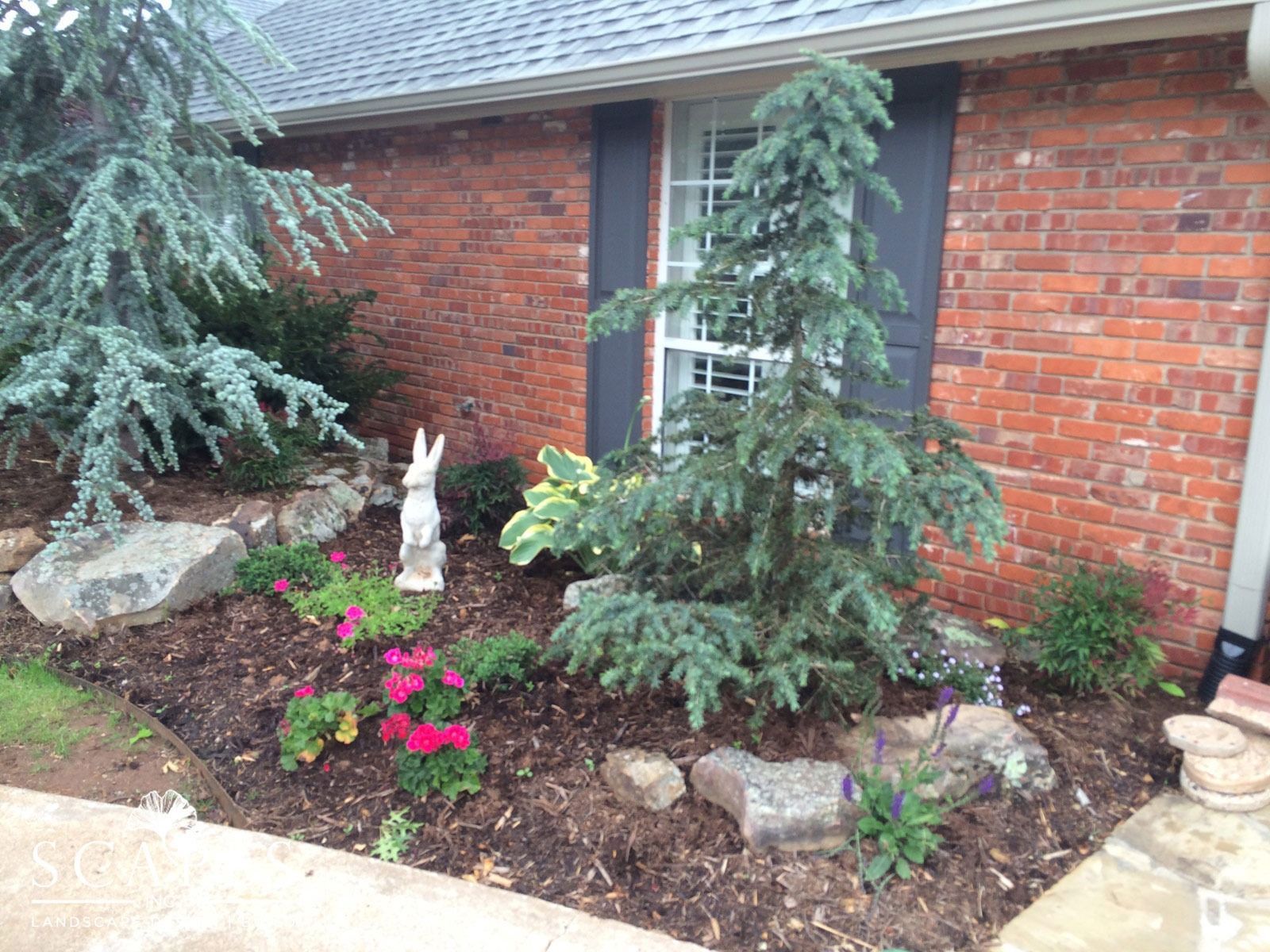 Landscaped front yard with a brick house, featuring pine trees, flowers, rocks, and a rabbit statue.