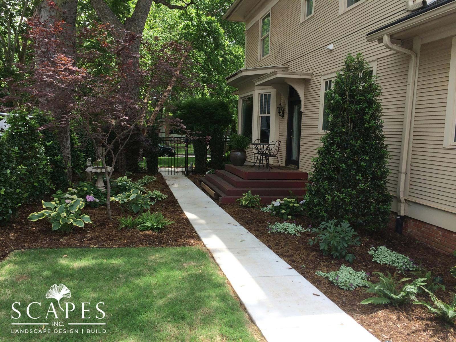 A landscaped front yard with a concrete walkway leading to a house entrance. Mulch beds with various plants border the path and lawn.
