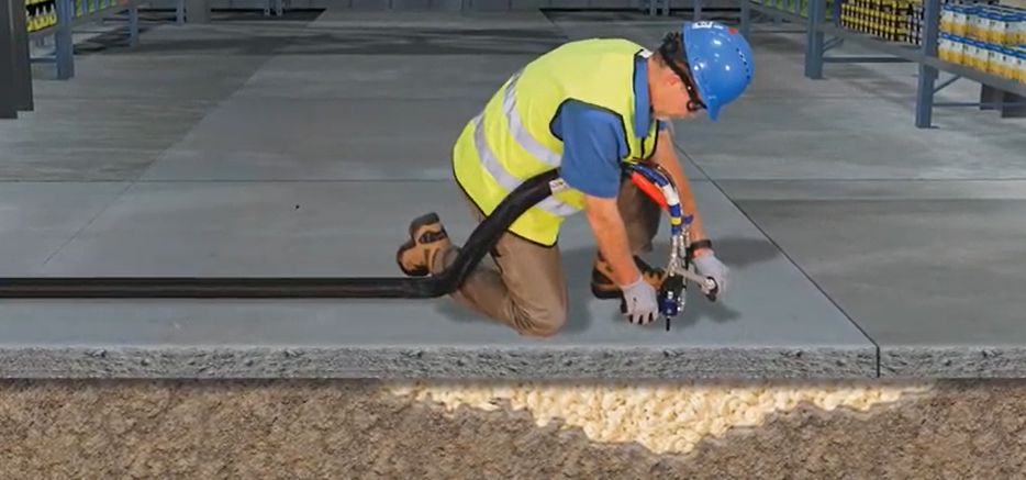 A construction worker is kneeling on the ground using a vacuum cleaner.