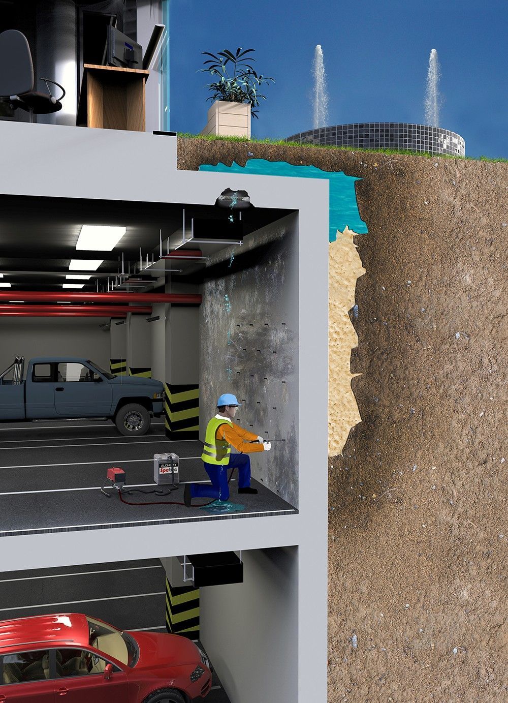 Sectional view of a parking garage with workers inside, a visible cliffside next to it, and a stadium in the distance.