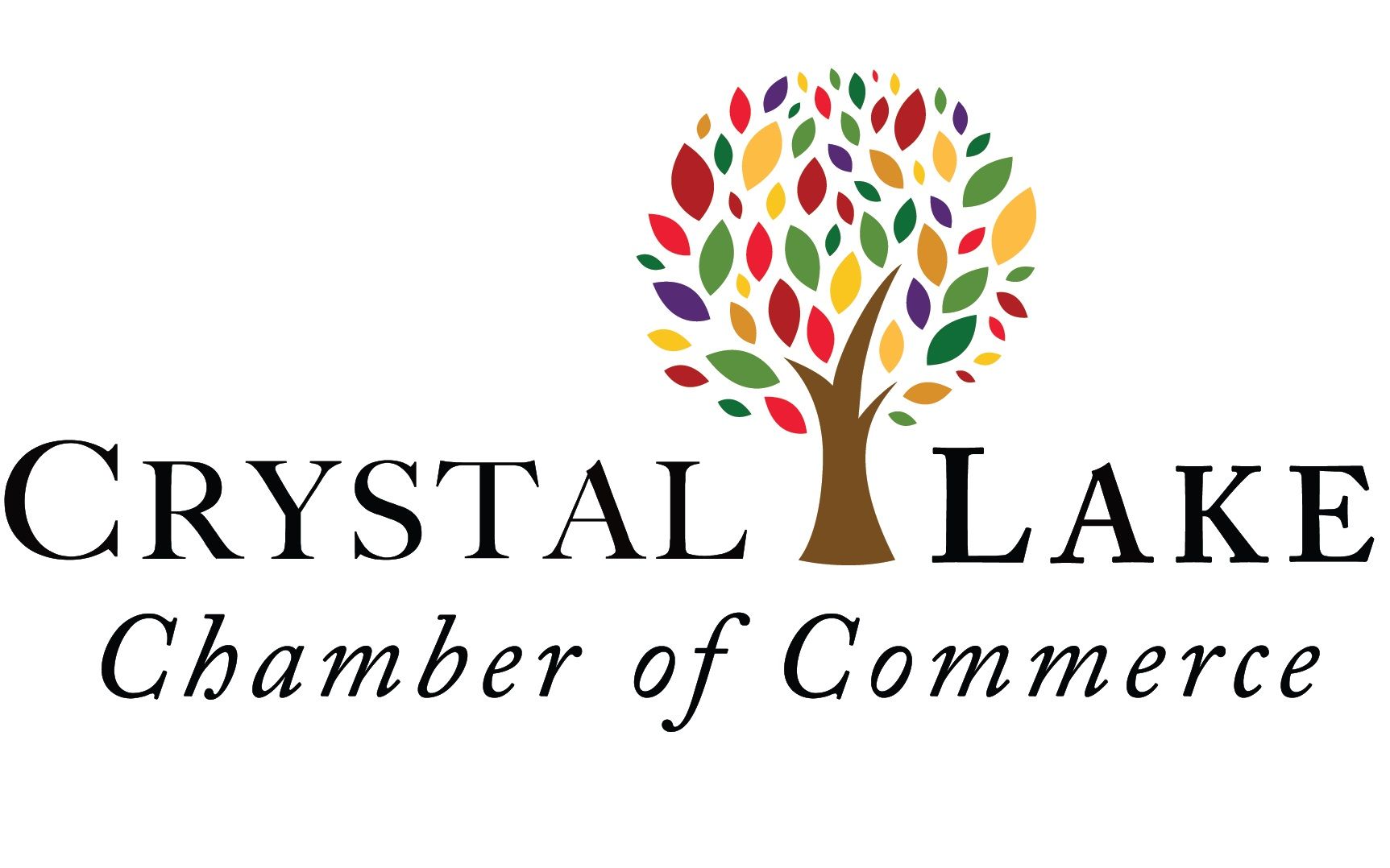 The logo for the crystal lake chamber of commerce shows a tree with colorful leaves.