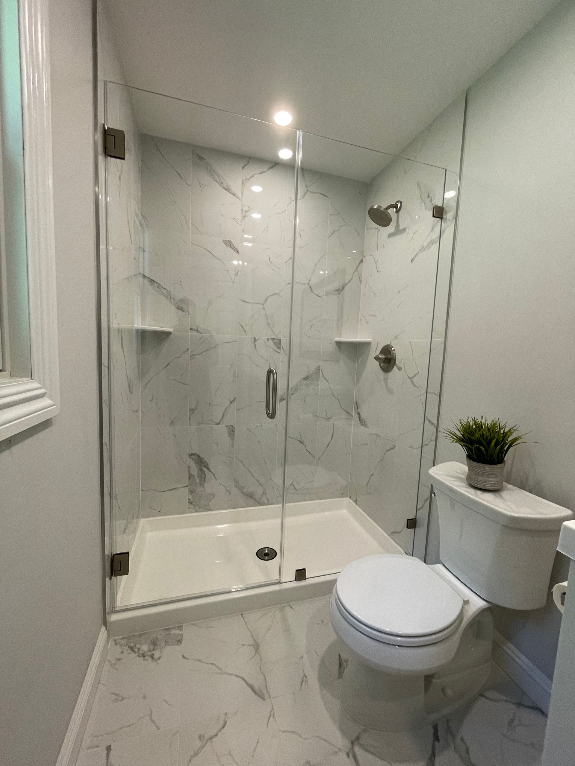 A bathroom with a toilet and a shower with a glass door.