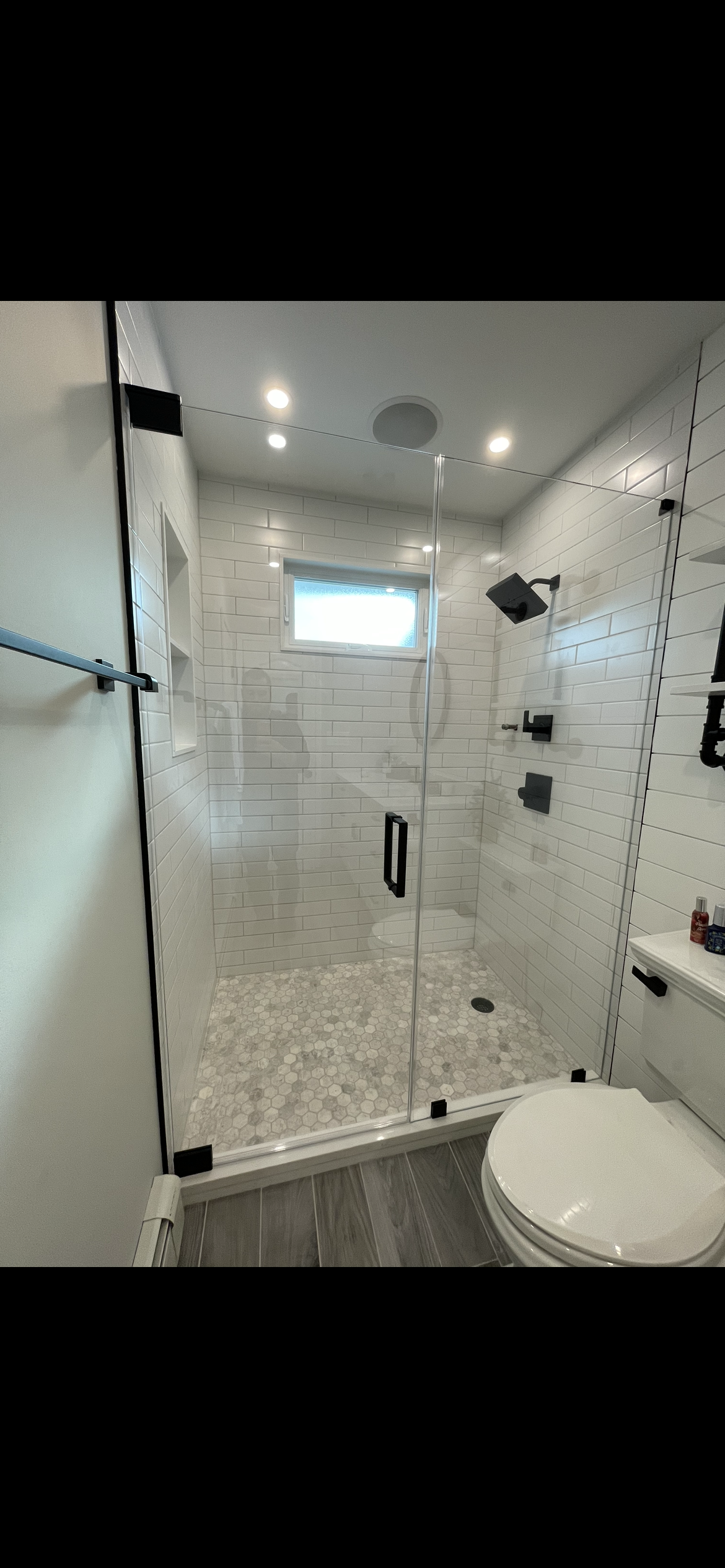 A bathroom with a walk in shower and a toilet.