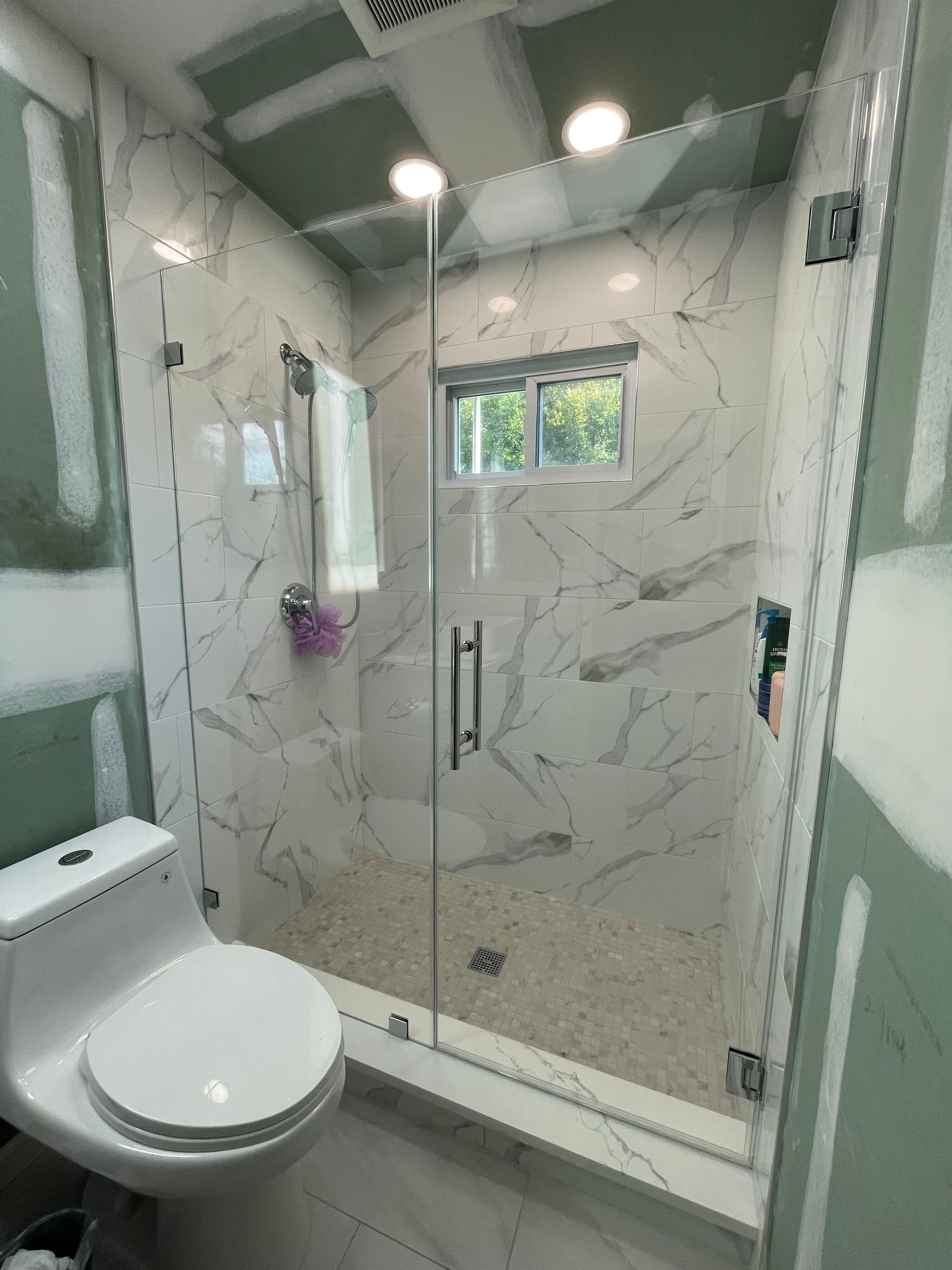 A bathroom with a toilet and a shower with a glass door