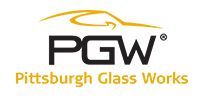 A logo for pittsburgh glass works with a car on it.
