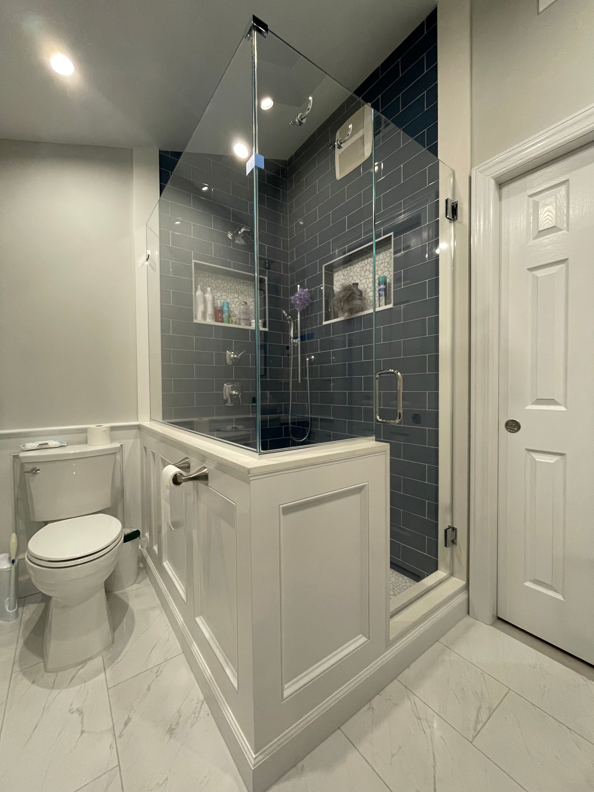 A bathroom with a toilet and a walk in shower.