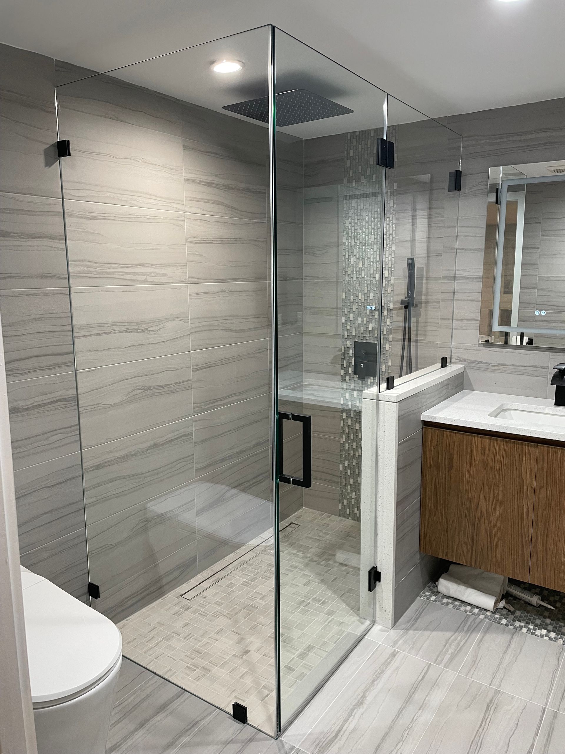 A bathroom with a walk in shower , toilet , sink and mirror.