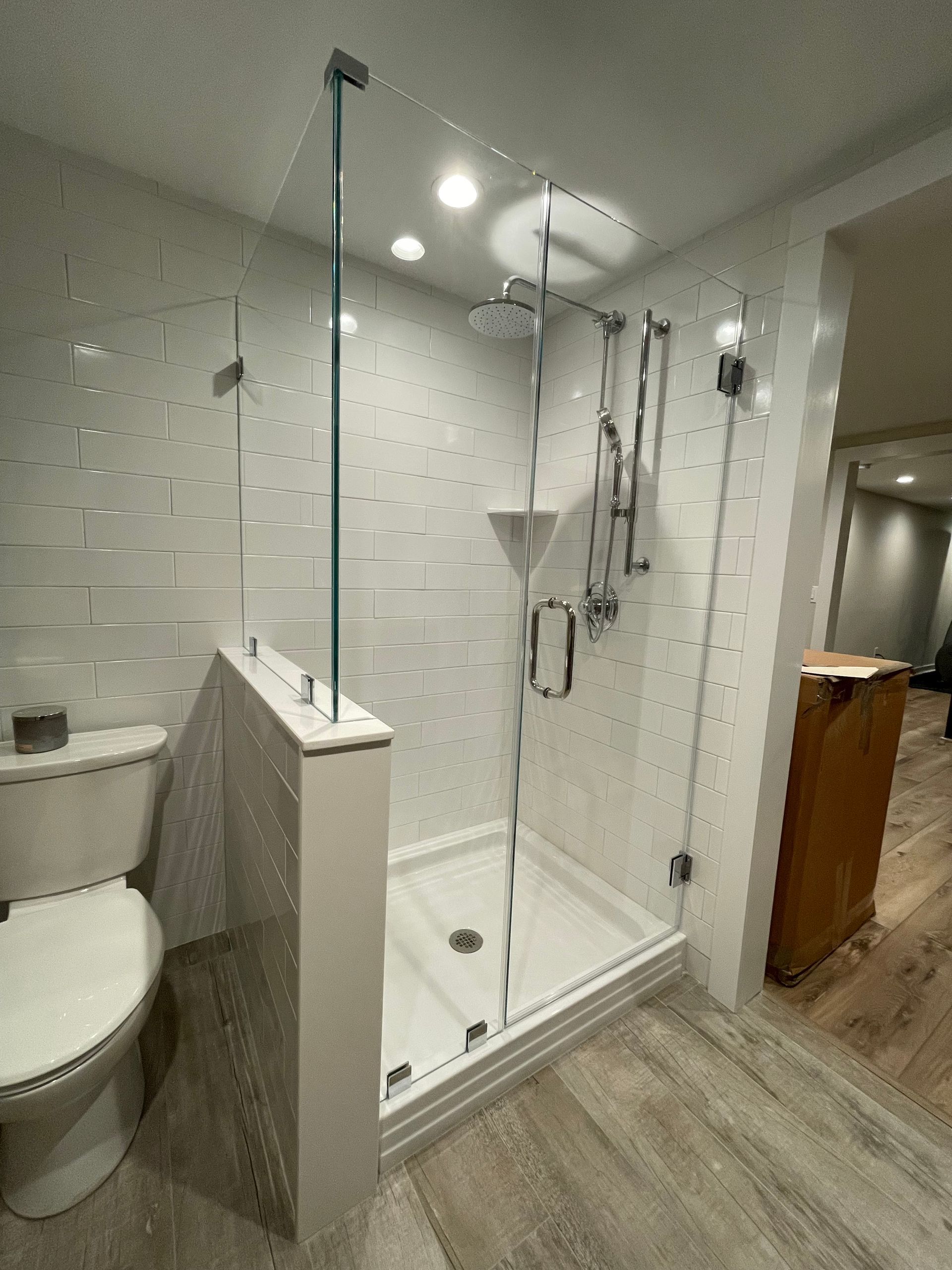 A bathroom with a toilet and a walk in shower.