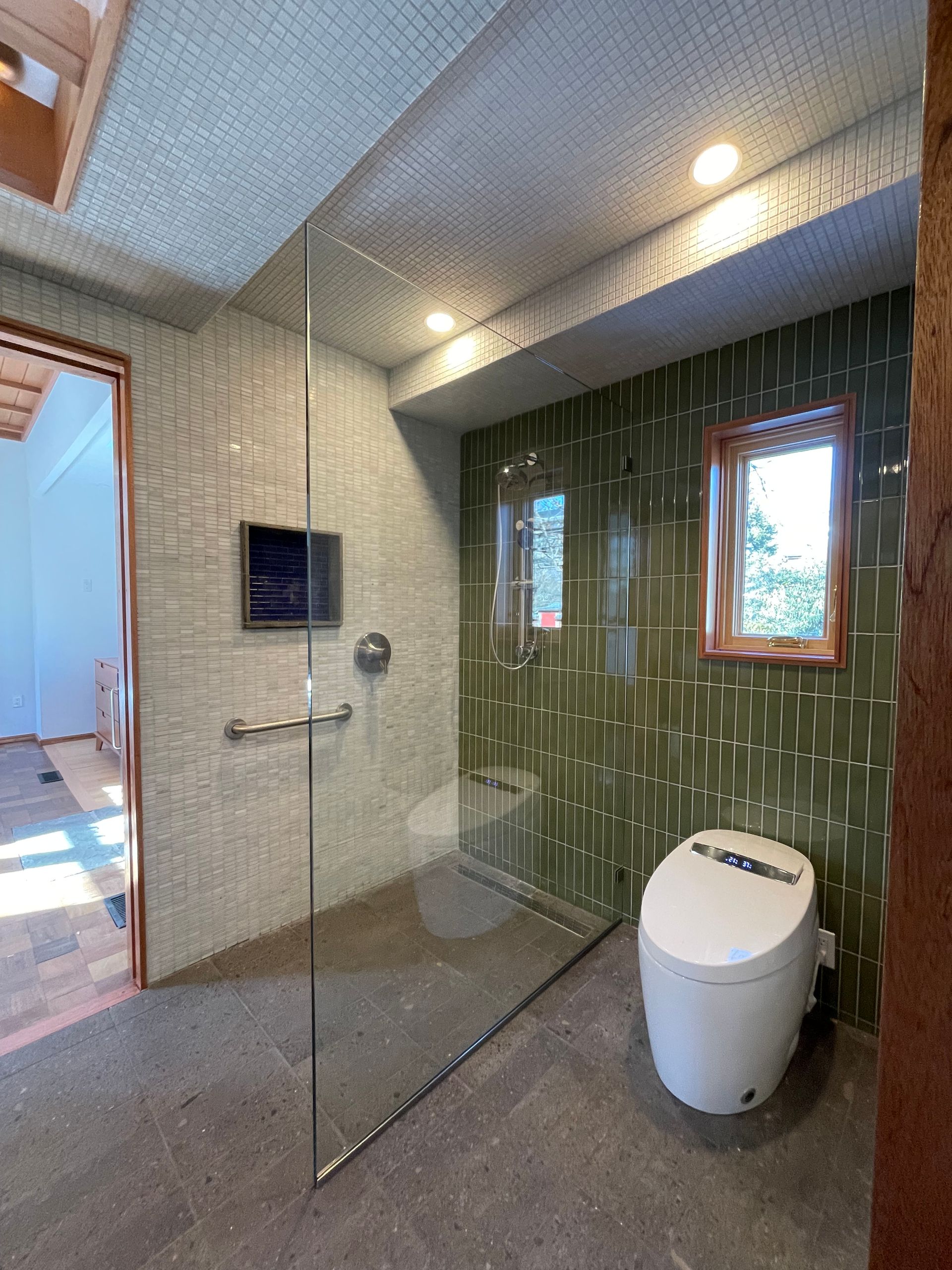 A bathroom with a toilet and a walk in shower.