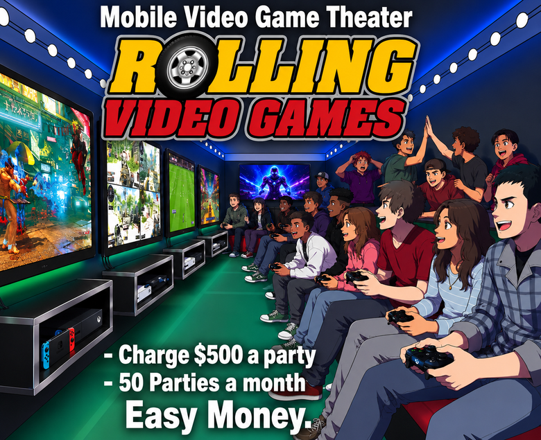 Mobile video game theater ad Rolling Video Games