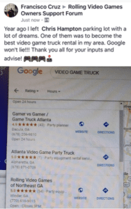 A social media post on video game truck rental with Google search results.