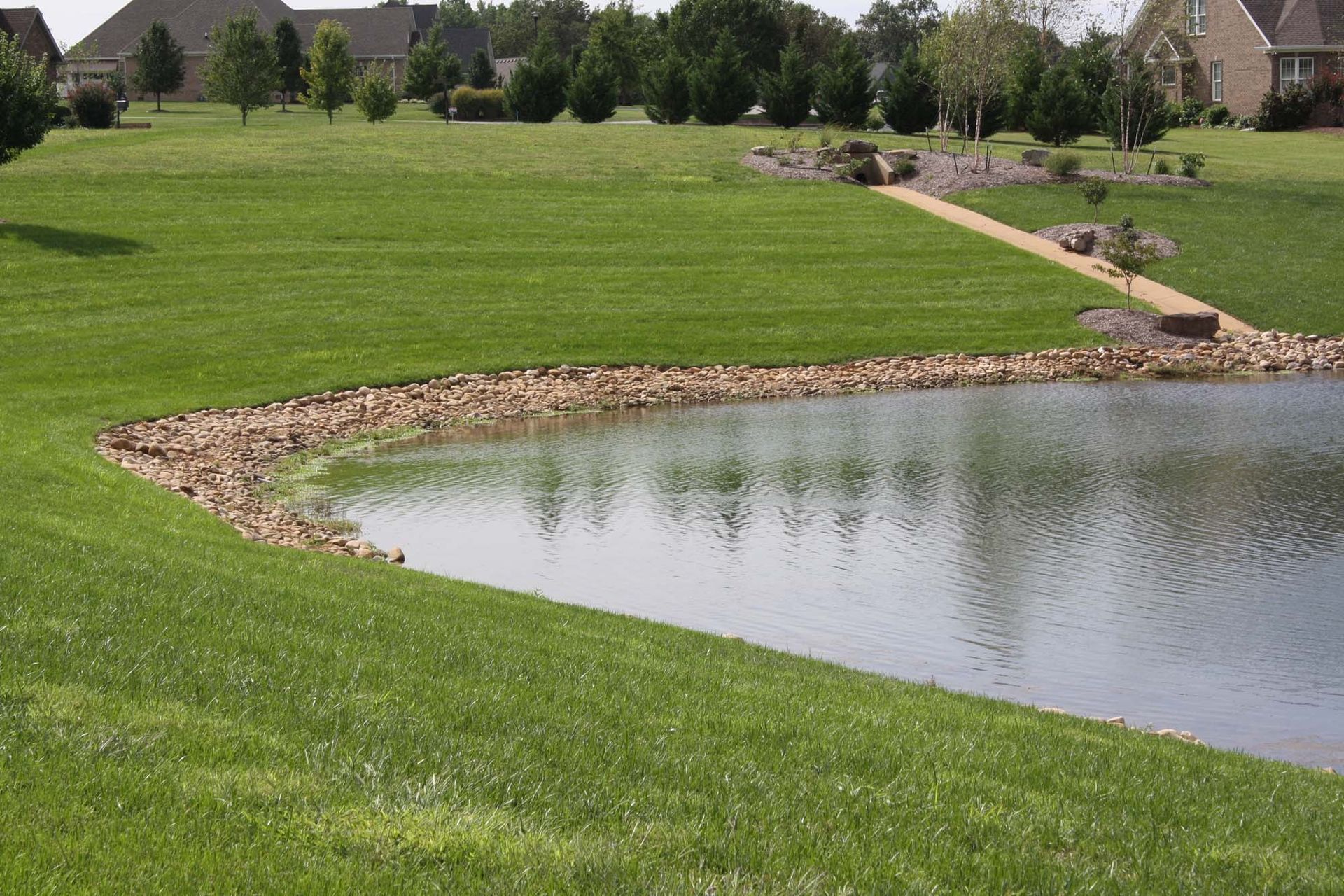 Curved pond edge with grass and a stone-lined bank in a green suburban landscape.