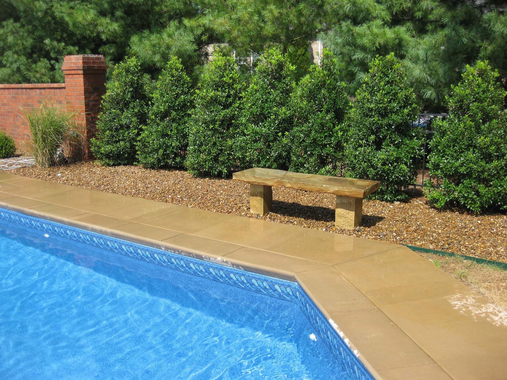 Backyard pool with blue water, tan deck, stone bench, and lush green shrubs.