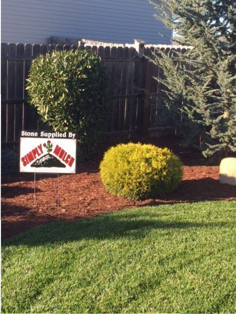 Backyard with green lawn, shrubs, wood fence, and a small stone-supplied sign in mulch.