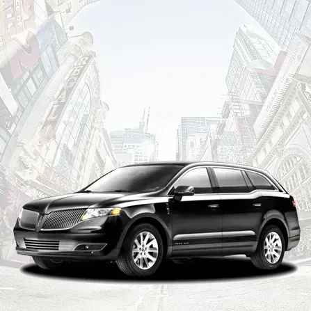 Black SUV on a white background with faint city buildings