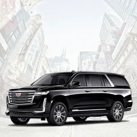 Black Cadillac SUV on a light cityscape background