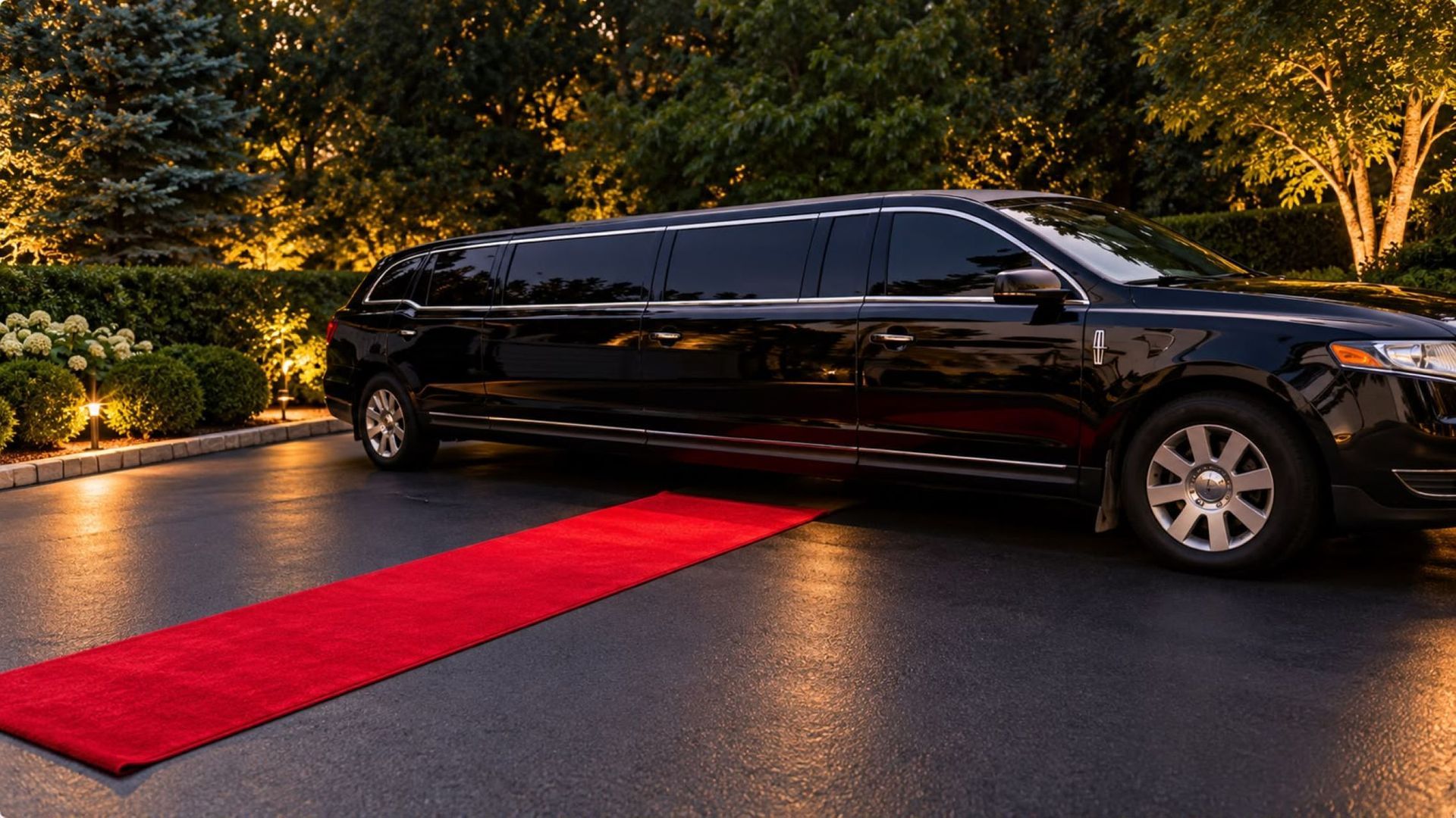 Black limousine beside a red carpet at night, lit by warm garden lights