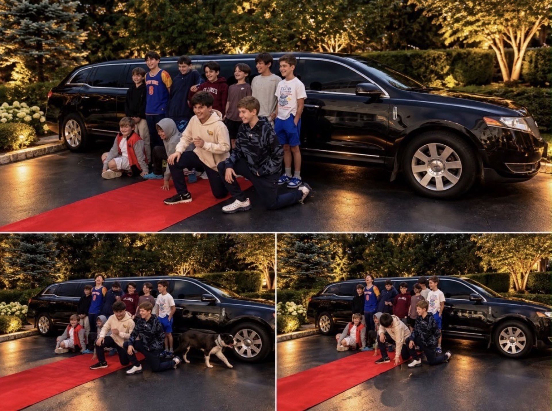 Group posing on a red carpet beside a black sedan at an evening event