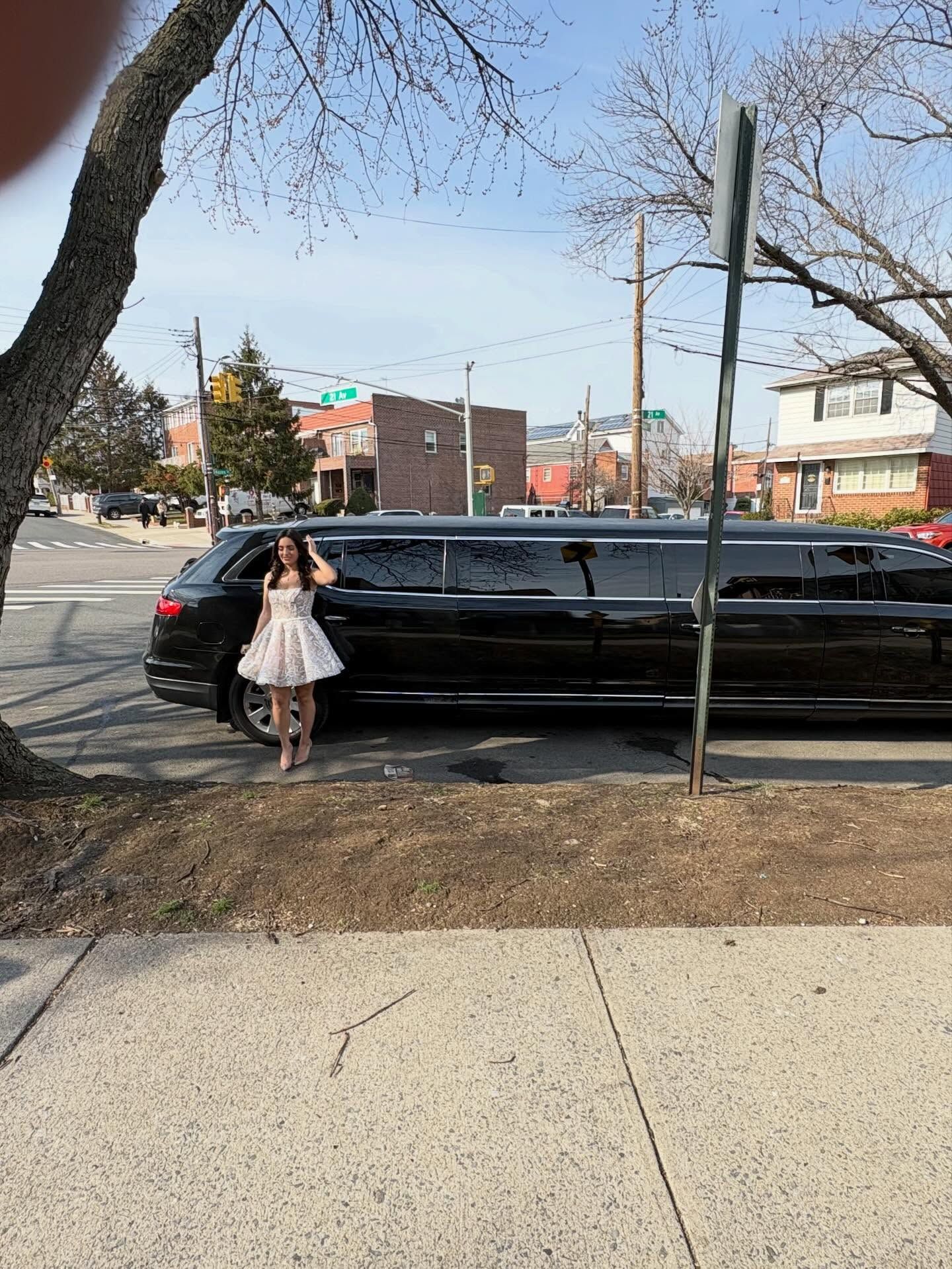 Child standing beside a black limousine on a city sidewalk near parked cars and bare trees
