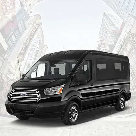 Black cargo van on a white backdrop with faint city buildings in the background