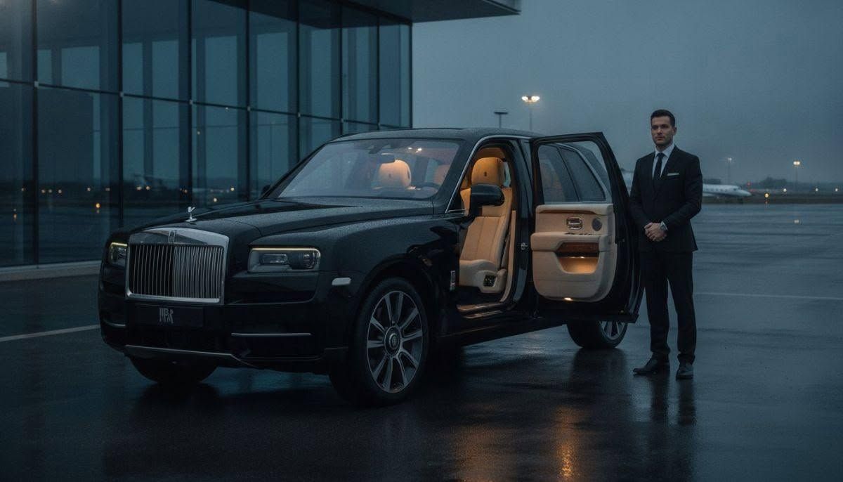 Luxury SUV with open rear door and a suited chauffeur standing beside it on a wet airport tarmac at dusk