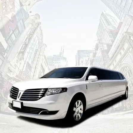 White stretch limousine parked against a bright city street backdrop