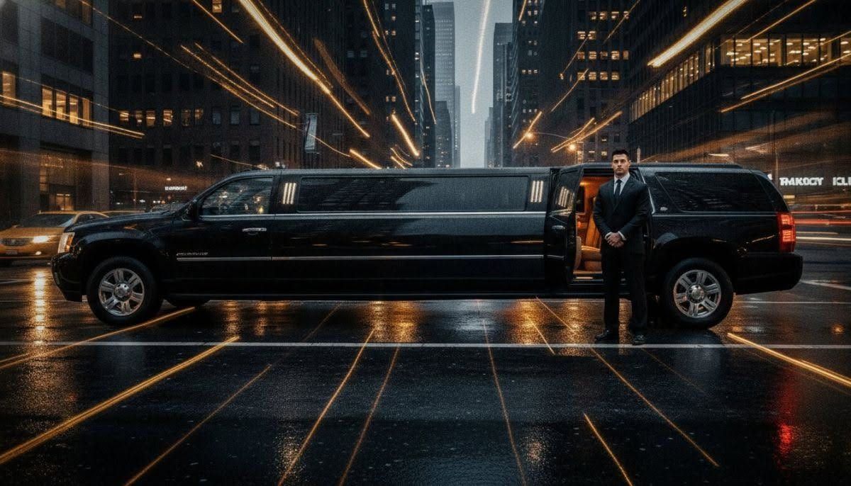 Black stretch limousine with chauffeur on a rainy city street at night