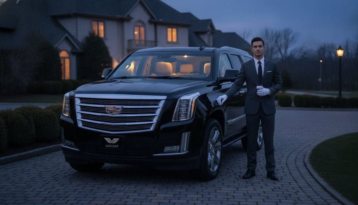 Man in a suit stands beside a black Cadillac SUV in a driveway at dusk, with a house lit in the background