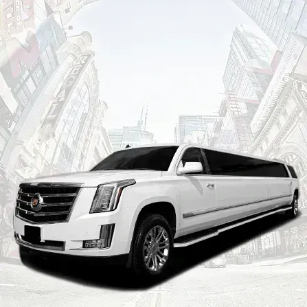 White stretch Cadillac limousine on a city street backdrop
