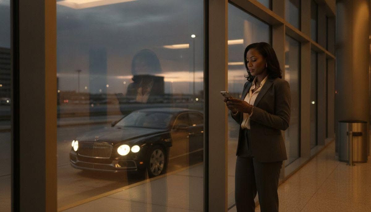 Woman in a blazer reading a tablet beside a glass wall, with a car visible outside at dusk.