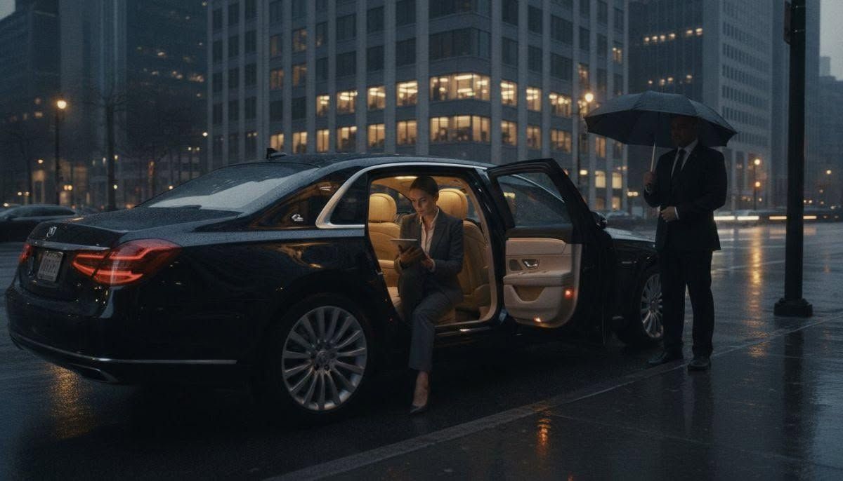 Black sedan in the rain with open rear door; illuminated interior as a person holds an umbrella nearby.