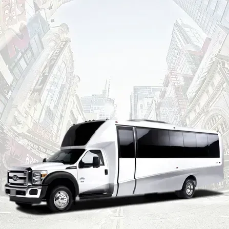 White luxury shuttle bus on a city street with an illustrated urban skyline background