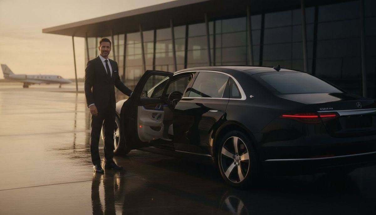 A man in a suit stands by an open black luxury car on a wet airport tarmac.
