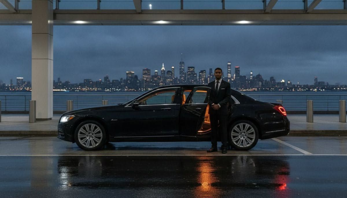 Black sedan with open door at a waterfront terminal, city skyline in the background at dusk.