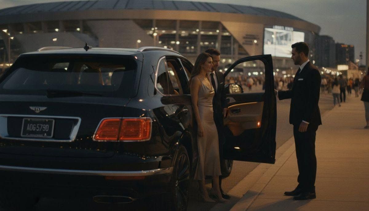 Black luxury sedan at night with open door; people standing beside it outside a stadium.