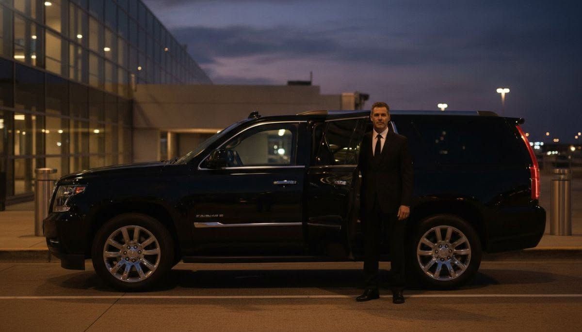 Man standing beside a black SUV at dusk outside a building