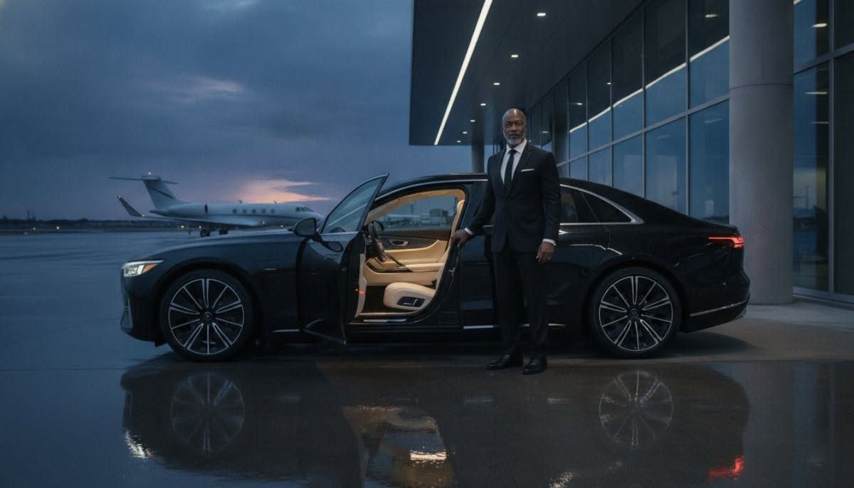 Man in suit standing beside a black luxury car with open door at a waterfront at dusk