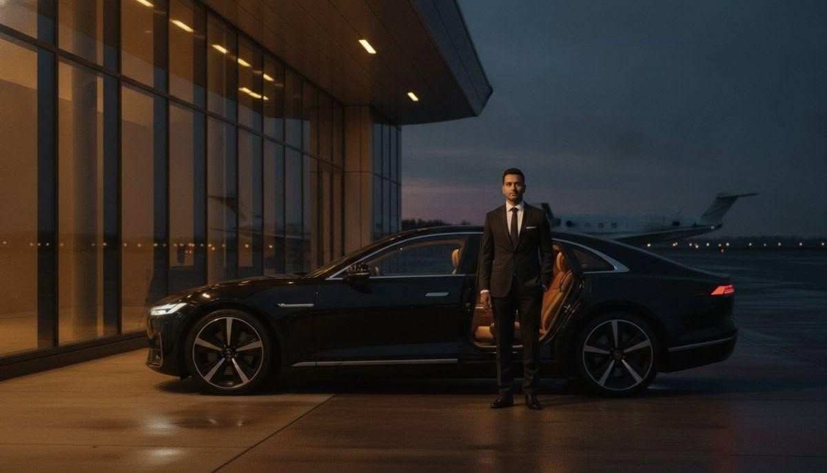 A man stands beside a black sports car outside a modern building at dusk.