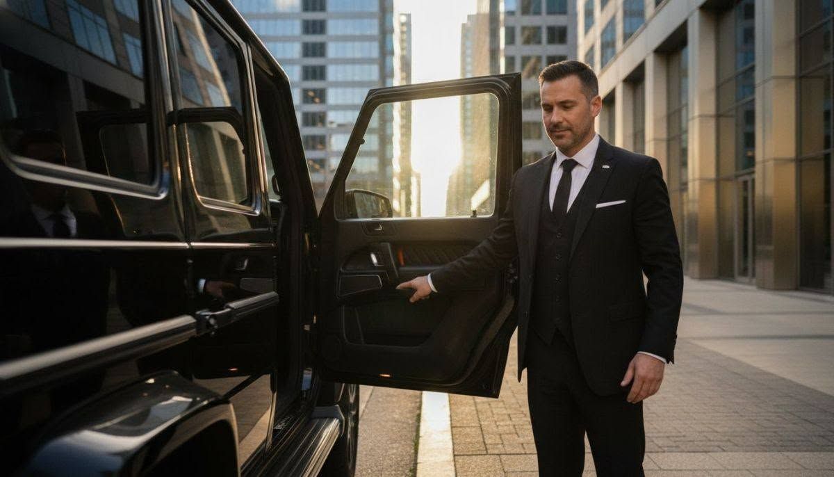 Man in black suit opening a luxury car door in a modern city street