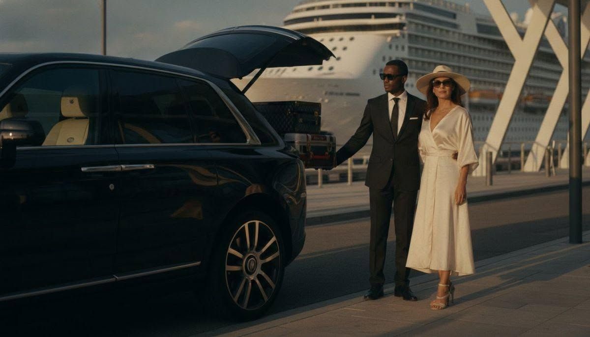 Well-dressed couple walking beside a black car near a cruise ship docked at port