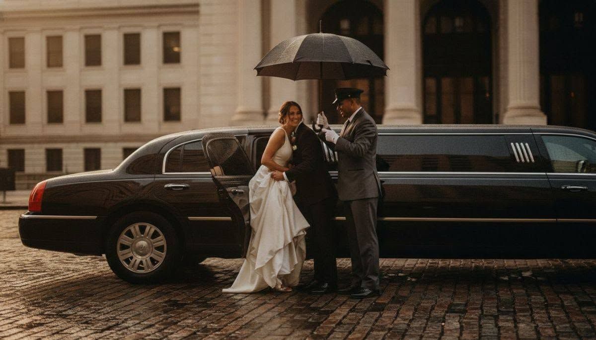 Bride and groom under an umbrella beside a black car on a cobblestone street