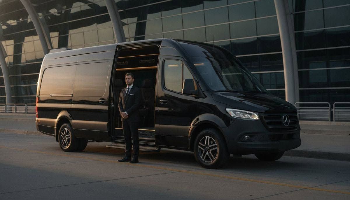 Black cargo van parked outside a modern building, with a person standing beside the open side door.