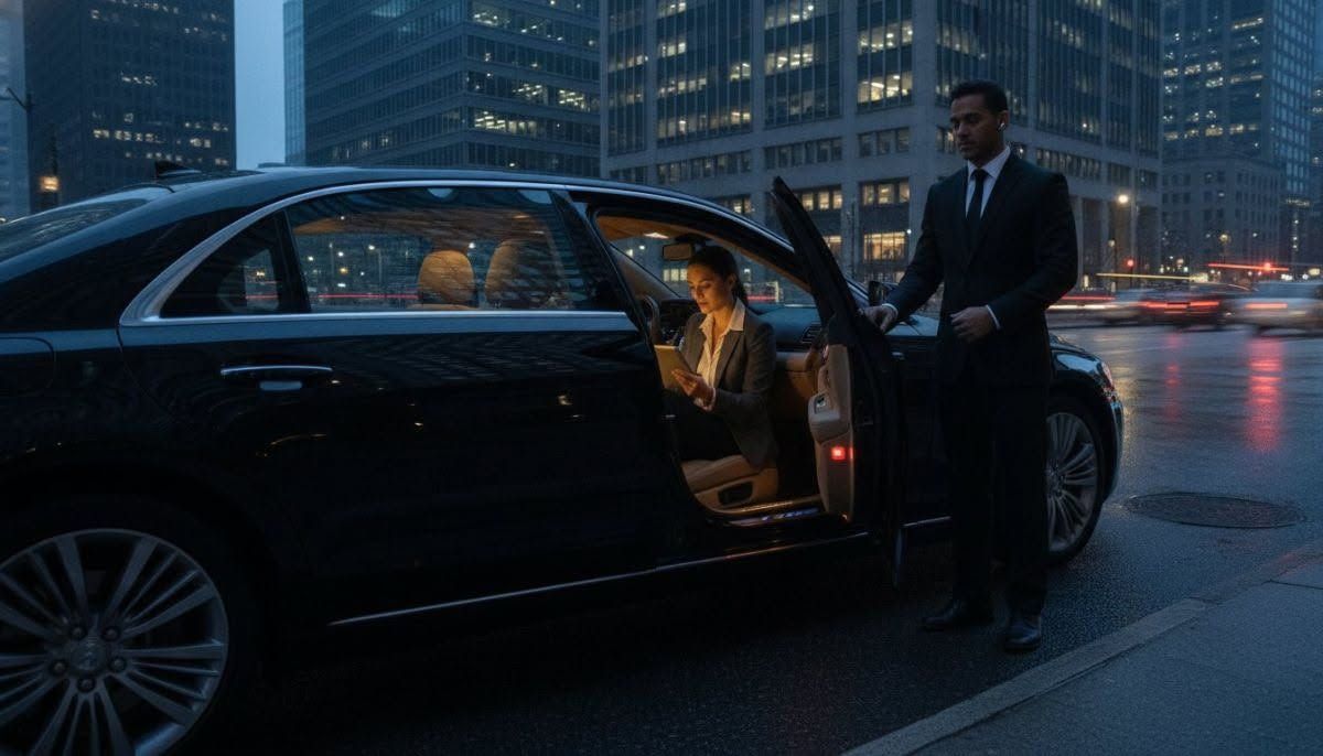 Black luxury sedan by a wet waterfront at night; driver opens door as a suited man stands beside it.
