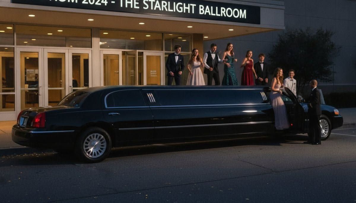 Black stretch limousine parked outside a hotel entrance with people gathered on the steps at dusk