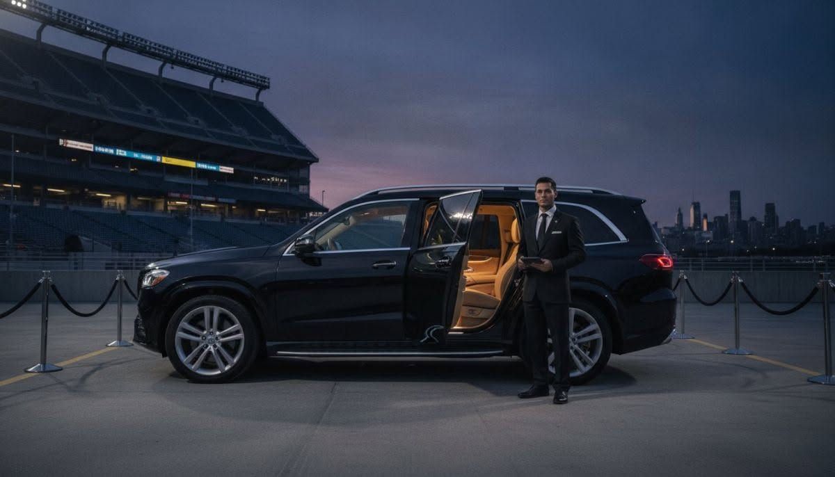 Man standing beside a black SUV with open door at dusk near a stadium waterfront