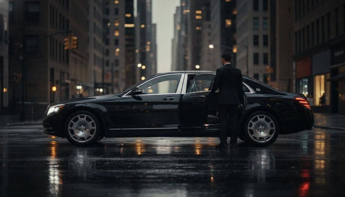 Black sedan parked on a wet city street between tall buildings at night, with a person entering the car.