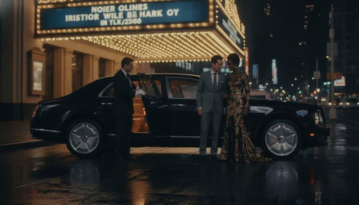 Couple beside a black vintage car under a lit theater marquee on a rainy night
