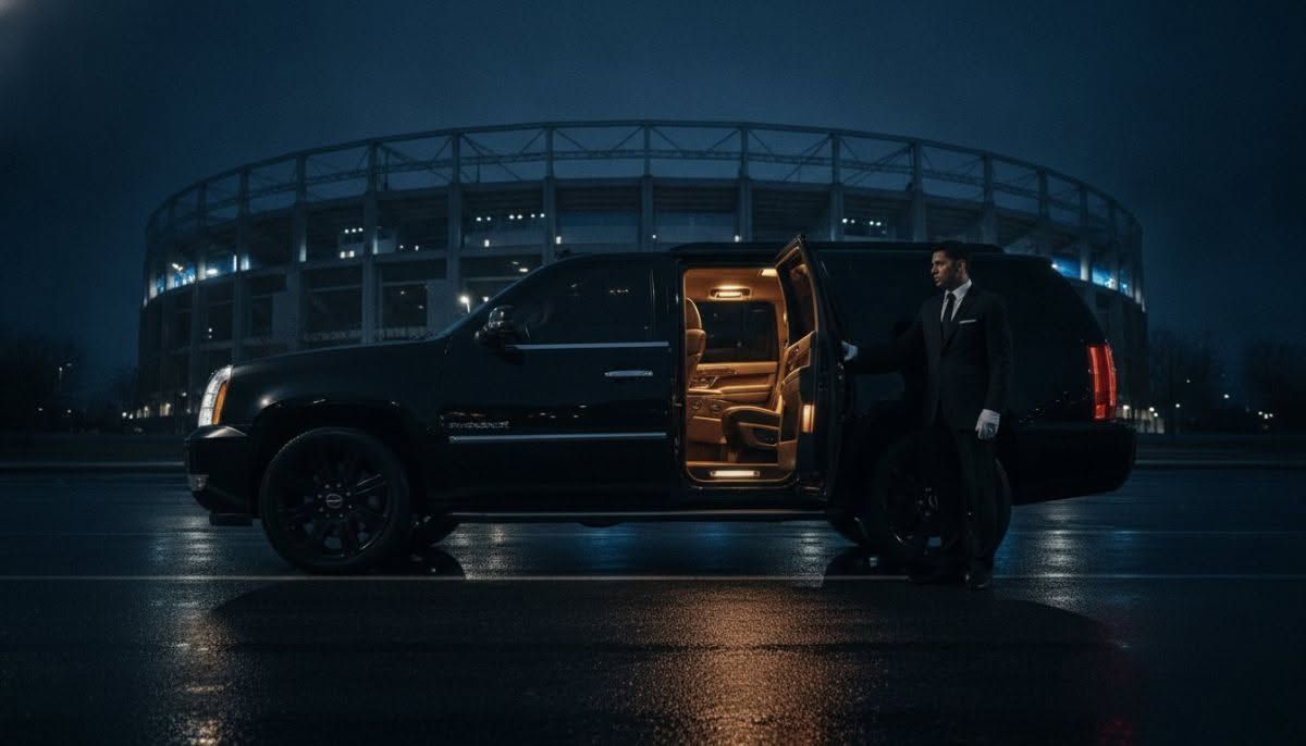 Black SUV with open door and lit interior, parked at night beside a stadium, with a suited driver nearby