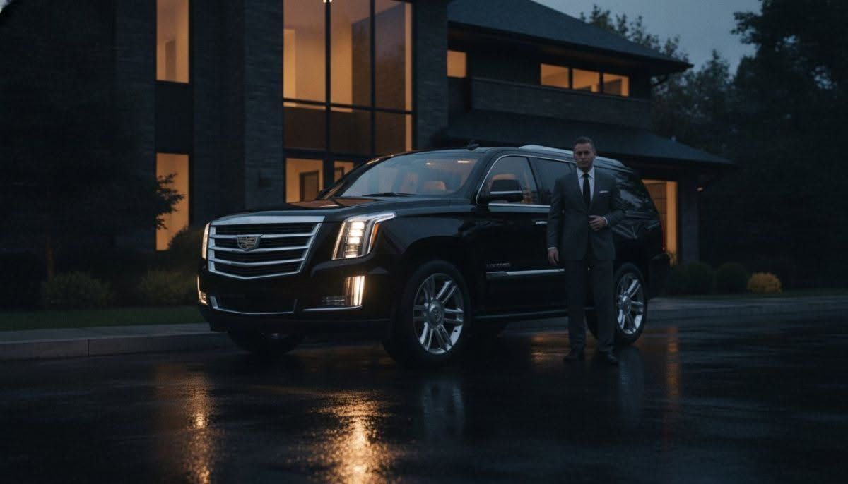 Man in a suit stands beside a black SUV on a wet driveway at dusk, with a modern house behind.